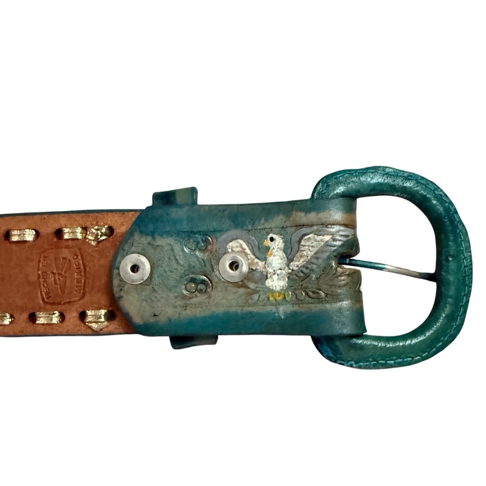 VTG Western Mallory Tooled Whip Stitched Belt Turquoise Green Brown 32, 38, 40 - Picture 9 of 15